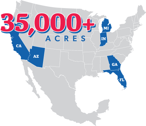 35,000 + acres text overlaying a map of Duda growing regions