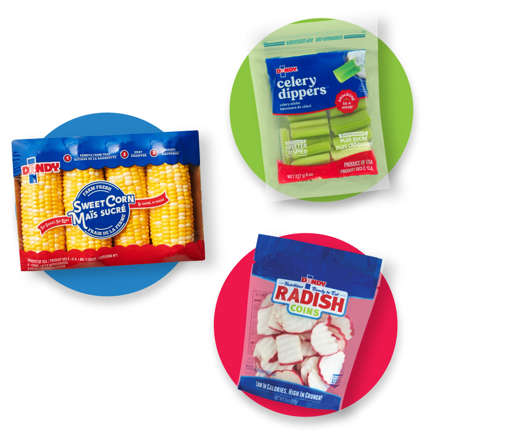 duda celery dipper, sweet corn, and radish coins product shots